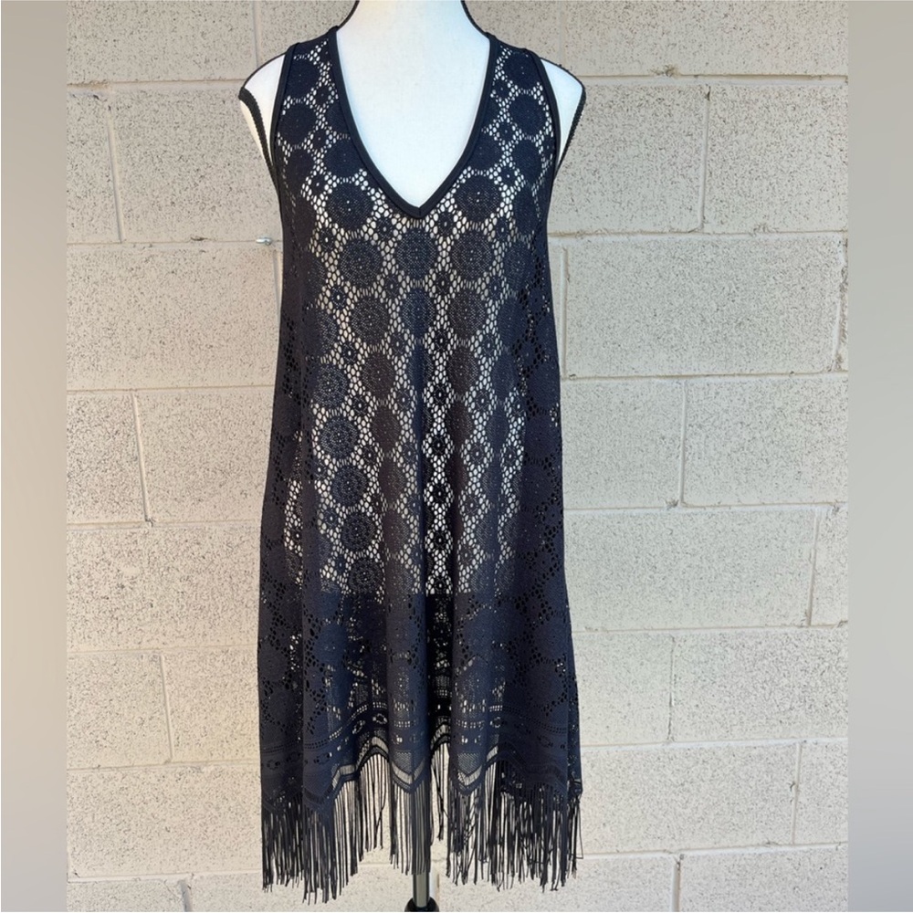 Jordan Taylor Black Crochet V‑Neck Fringe Swim Coverup